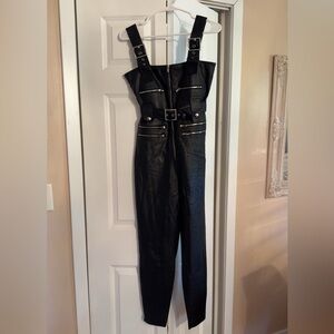 Black Faux Leather Jumpsuit with Zipper Details